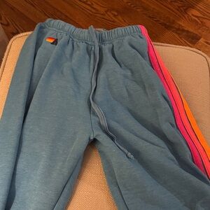 Aviator Nation Blue Sweatpants with Pink and Orange Stripes